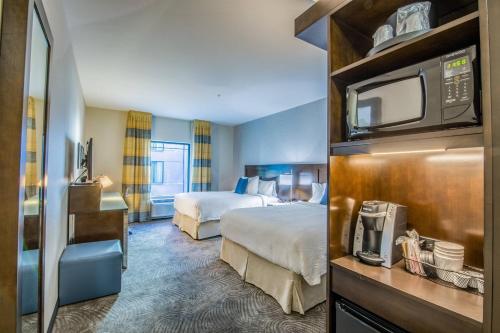 丹佛Fairfield by Marriott Denver Downtown的酒店客房配有两张床和微波炉。
