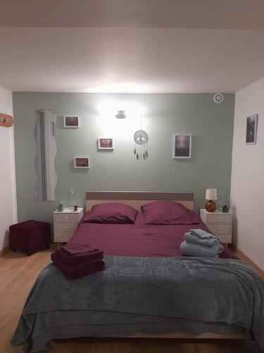 谢勒Calme et simplicité的一间卧室配有一张带紫色床单的大床