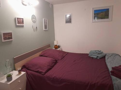 谢勒Calme et simplicité的一间卧室配有一张带紫色棉被的床