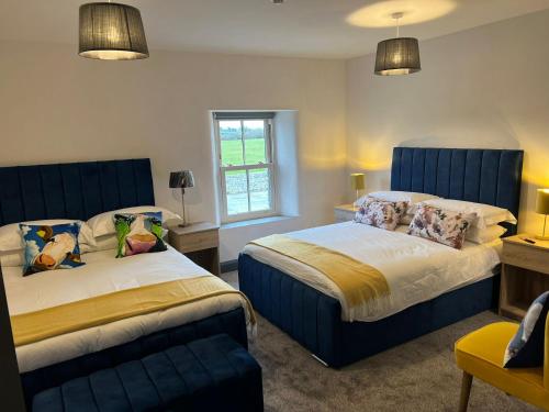 TubberThe Burren Inn的一间卧室设有两张床和窗户。