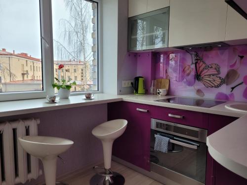 叶尔加瓦City apartament的紫色的厨房,配有水槽和窗户