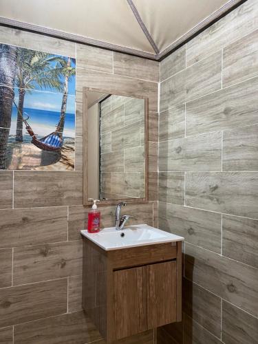 瓦迪拉姆Wadi Rum Khalid luxury camp的一间带水槽和镜子的浴室