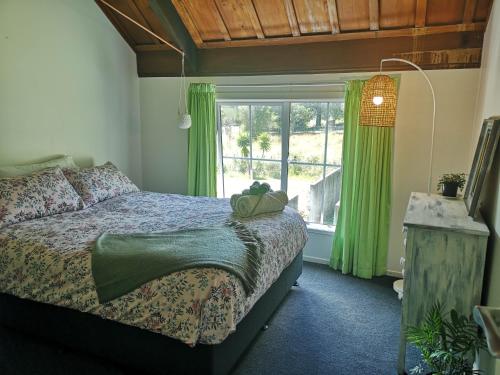 吉斯伯恩The Gisborne Club - Boutique accommodation的一间卧室设有床铺和一个带绿色窗帘的窗户。