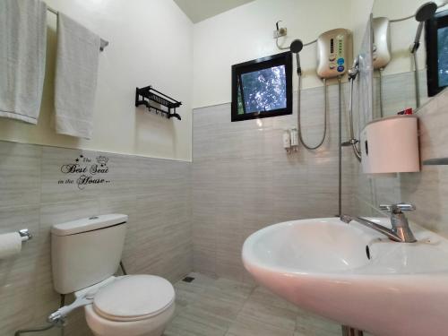 锡基霍尔Hidden Valley的一间带卫生间和水槽的浴室以及一台电视。