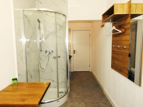 费尔德基希Hotel Hecht的浴室里设有玻璃门淋浴