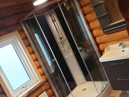 阿克雷里Akureyri Loghouse的带淋浴和盥洗盆的浴室