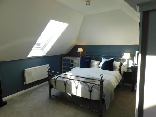 纽基Haven Lodge Newquay的一间卧室配有一张蓝色墙壁和天窗的床