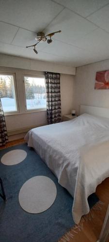 HyrynsalmiRELAX, Heart of nature and lakes的一间卧室设有一张大床和两个窗户。