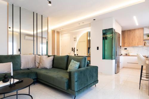 亚历山德鲁波利斯Annecy的一间带绿色沙发的客厅和一间厨房