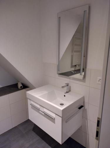 Erlach2 1/2 Zimmer Ferienwohnung的白色的浴室设有水槽和镜子
