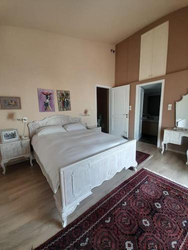 雅典Sea View House Voula的卧室配有一张白色大床和地毯。