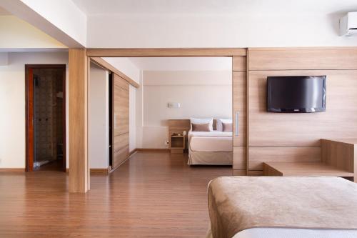 圣安娜-利弗拉门图Jandaia Turismo Hotel的一间酒店客房,配有一张床和一台墙上的电视
