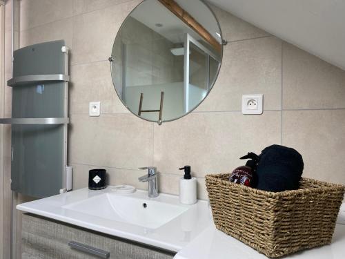 蓬塔利耶Cocon Pontissalien的一间带水槽和镜子的浴室