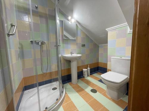 拉科鲁尼亚Impresionante casa con parcela en la naturaleza的带淋浴、卫生间和盥洗盆的浴室