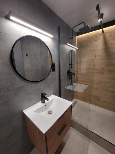 乔左维尔考普尔斯基FRIENDS House的一间带水槽、镜子和淋浴的浴室