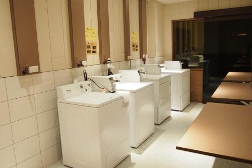 鱼池乡日月潭经典大饭店范特奇堡的房间里的一排白色洗衣机