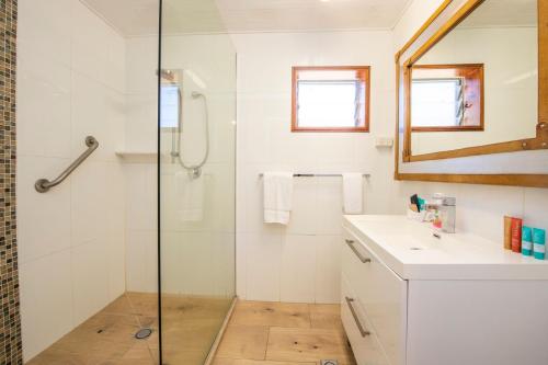 阿卡狄亚Island View Apt 1的带淋浴、盥洗盆和镜子的浴室