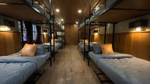 大吉岭Trippers hostel的火车车厢里一排双层床