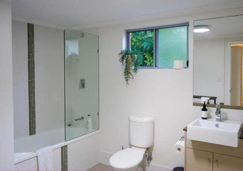 汤斯维尔Tropical Luxe Apartment的浴室配有卫生间、淋浴和盥洗盆。