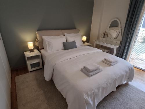 雅典Central & Comfortable, 70m² Apt in Neos Kosmos的卧室配有带毛巾的大型白色床