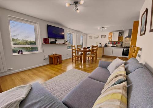 戈斯波特Waterfront Quay的一间带蓝色沙发的客厅和一间厨房