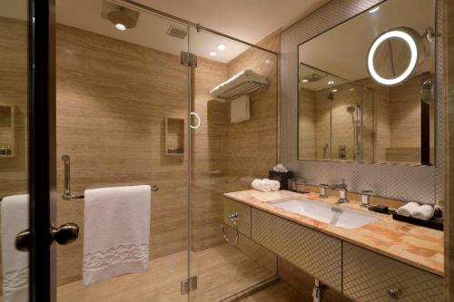 海得拉巴泰姬克里希纳酒店的一间带水槽和镜子的浴室