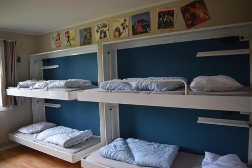 奥斯陆HI Oslo Haraldsheim的蓝色墙壁的客房内设有四张双层床
