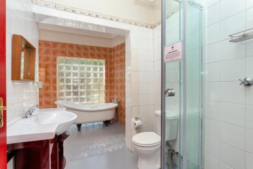 克鲁格斯多普Teak Place Guest Rooms的一间带水槽、卫生间和淋浴的浴室