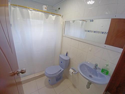 蒙圭ApartaHotel Monguí的浴室设有蓝色的卫生间和水槽。
