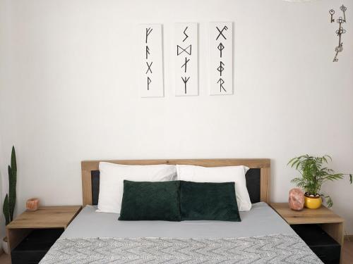 旧扎戈拉Уютен двустаен апартамент с прекрасна гледка的一间卧室配有一张带绿色枕头的床