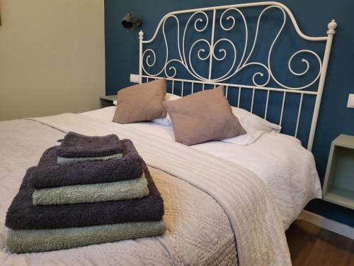 芬洛Appartement - B&B 'la bienvenue' in Venlo, Limburg的一张带两张毯子和枕头的床