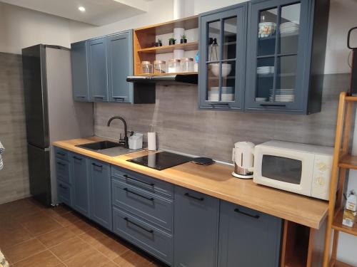 奥斯特基基格恩Połoninka的厨房配有蓝色橱柜和微波炉