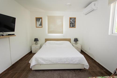 威廉斯塔德Westpunt Beach Apartments的白色卧室配有床和平面电视