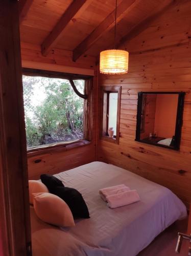 圣卡洛斯-德巴里洛切Cabaña en Bosque Nativo的小木屋内一间卧室,配有一张床