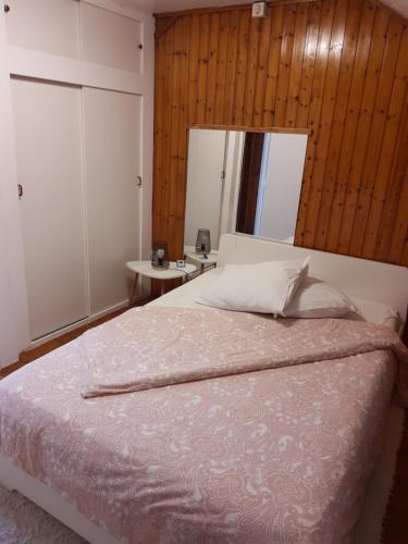 赫尔斯塔尔Agréable maison avec cour à 10min de Liège的一间卧室设有一张床和木墙