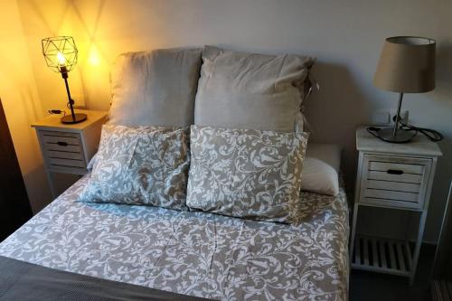 塞维利亚Fabuloso apartamento en Triana的床上有2个枕头