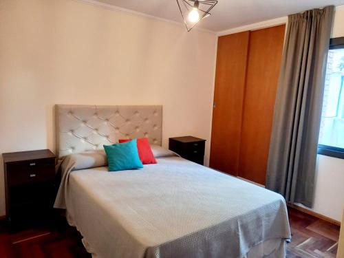 科尔多瓦Dpto dos dormitorios en Nueva Córdoba的一间卧室配有一张带两个色彩缤纷的枕头的床。