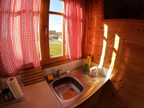 Traditional Croatian Cabins with Spa的小木屋内的厨房水槽,设有窗户