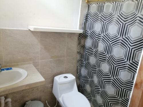 蒙塔尼塔Casa Bony的浴室设有卫生间、水槽和淋浴帘