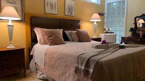 沙帕达-杜斯吉马朗伊斯Pousada Vilagio Chapada的一间卧室配有一张大床和两盏灯