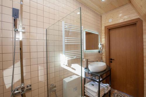 拉戈代希Reserve Resort Lagodekhi的一间带玻璃淋浴和水槽的浴室