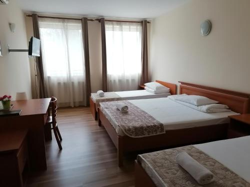 韦切什费里海吉酒店的酒店客房配有两张床和一张书桌