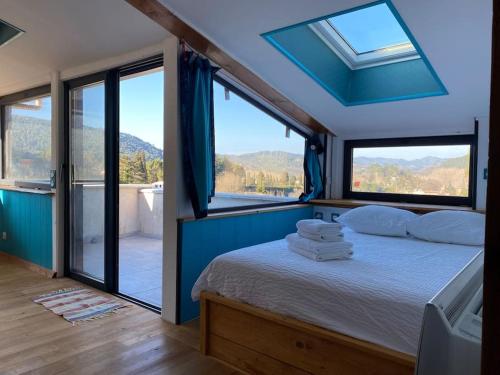 昂迪兹La maison de gravies的一间带一张床的卧室,享有山景