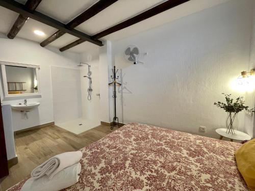 阿尔奇多纳Los Palomos casa rural en el centro de Andalucía的一间卧室设有一张大床和一个水槽
