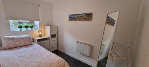 格拉斯哥Merchantcityflat的一间小卧室,配有一张床和镜子
