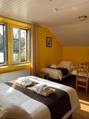 安锡城堡酒店的配有两张床铺的黄色墙壁和窗户