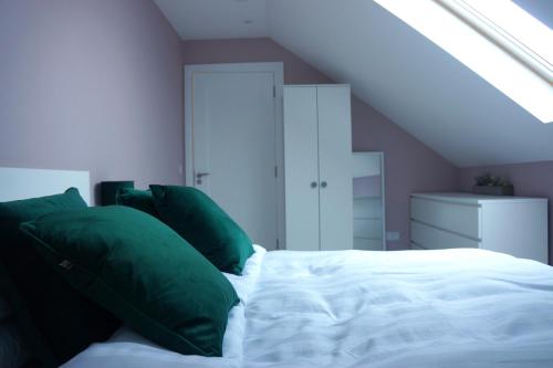 Àit Sèan Òg - 2bedroom self catering apartment的一间卧室配有一张带绿色枕头的床