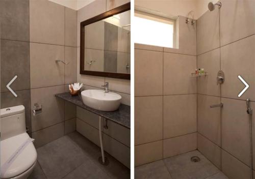 马迪凯里Clover Holiday Village的浴室的两张照片,配有卫生间和水槽