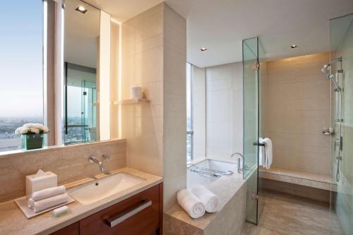 阿姆利则阿姆利则凯悦酒店的一间带水槽和玻璃淋浴的浴室