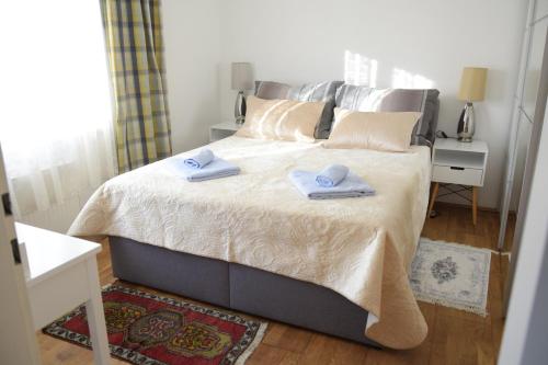 贡特拉姆斯多夫100qm comfort, family-friendly and top located的一间卧室配有一张大床和毛巾